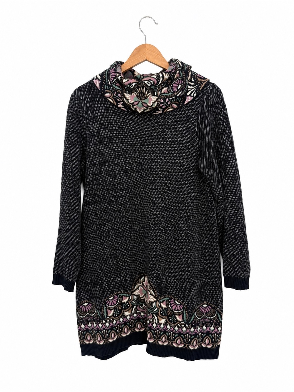 Coldwater Creek Black Multicolor Pattern Cowl Neck Sweater Tunic Size M Boho